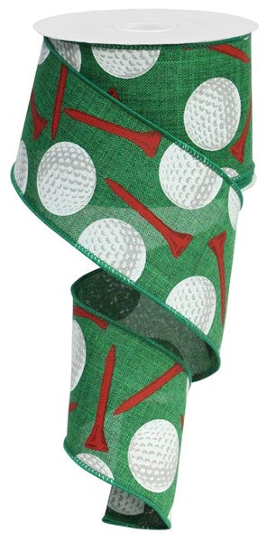 Golf Balls and Tees Royal Canvas Wired Ribbon - 10 Yards (Emerald Green, White, Red 2.5