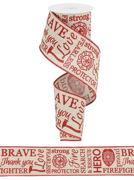 Firefighter Support Print Wired Ribbon Natural Beige, Red 2.5 Inches x 10 Yards (30 Feet)