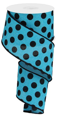 Polka Dot Wired Ribbon : Turquoise Blue, Black - 2.5 Inches x10 Yards (30 Feet)