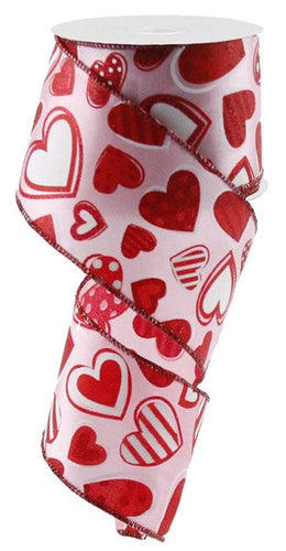 Patterned Hearts Wired Ribbon : Light Pink, White, Red - 2.5 Inches x 10 Yards (30 Feet)