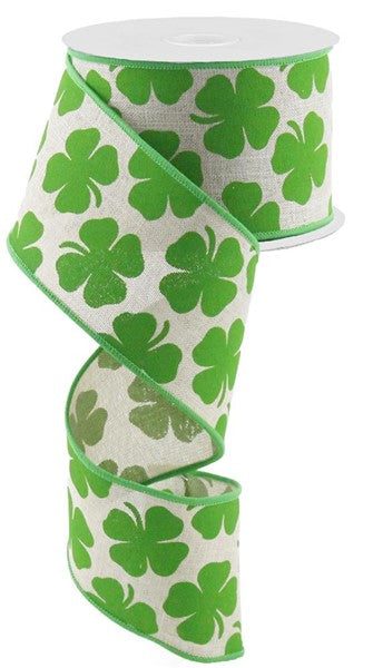 Shamrock Clover Royal Wired Ribbon : Natural Beige, Kelly Green - 2.5 Inches x 10 Yards (30 Feet)
