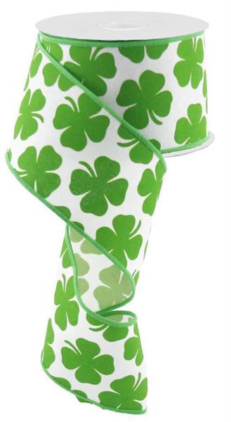 Shamrock Canvas Wired Ribbon - 10 Yards (White, Kelly Green, 2.5 Inches)