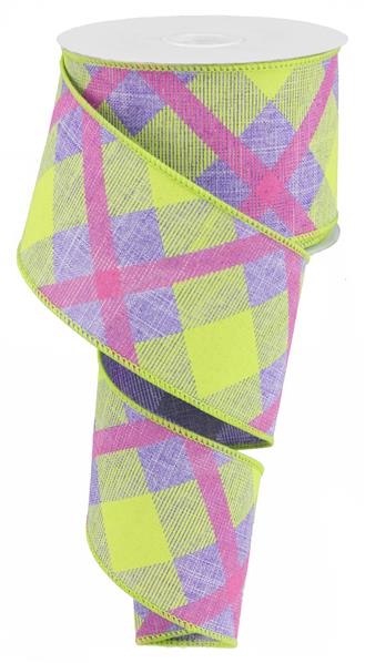 Plaid Canvas Wired Ribbon : Lavender Purple, Lime Green, Hot Pink - 2.5 Inches x 10 Yards (30 Feet)