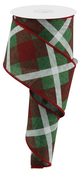 Plaid Canvas Wired Ribbon : Emerald Green Red White - 2.5 Inches x 10 Yards (30 Feet)