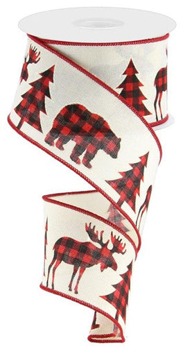 Plaid Moose, Bear Trees Wired Ribbon, 2.5 Inches x 10 Yards (30 Feet) (Cream)