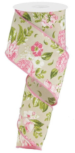 Rose Floral Wired Ribbon : Natural Beige - 2.5 Inches x 10 Yards (30 Feet)