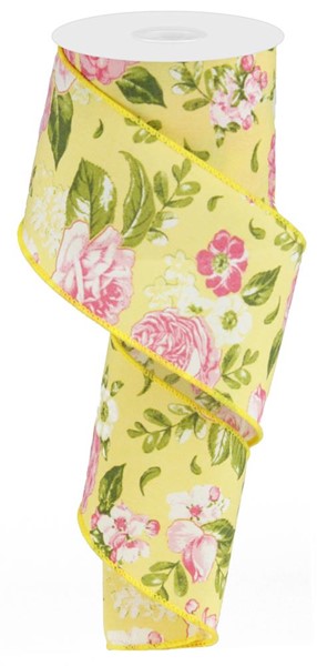 Floral Rose Wired Ribbon : Yellow  - 2.5 Inches x 10 Yards (30 Feet)