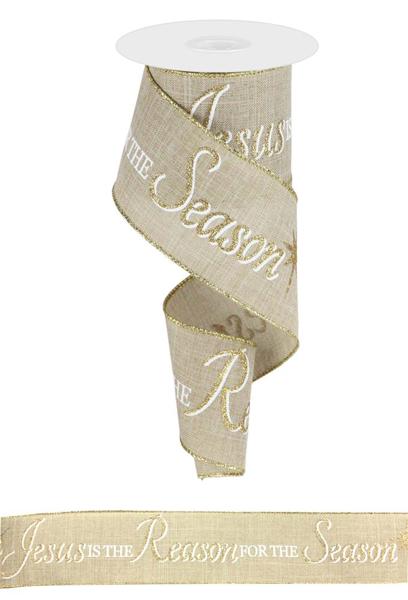 Jesus is The Reason for the Season Wired Ribbon : Natural Beige, Gold - 2.5 Inches x 10 Yards (30 Feet)