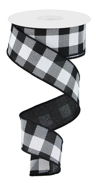 Buffalo Check Plaid Wired Ribbon - Black White - 1.5 Inches x 10 Yards (30 Feet)