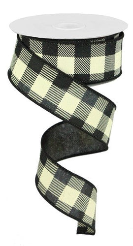 Plaid Check Wired Ribbon : Black Ivory - 1.5 Inches x 10 Yards (30 Feet)