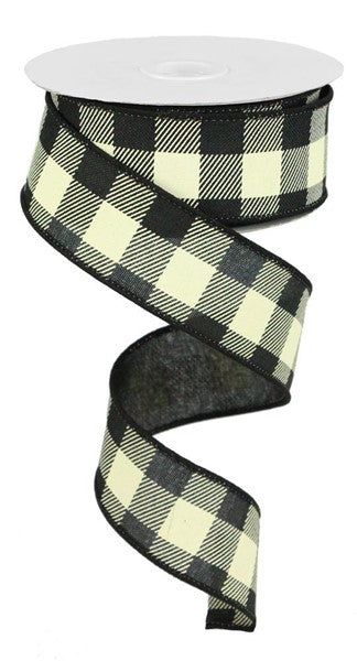 Plaid Check Wired Ribbon : Black Ivory - 1.5 Inches x 10 Yards (30 Feet)