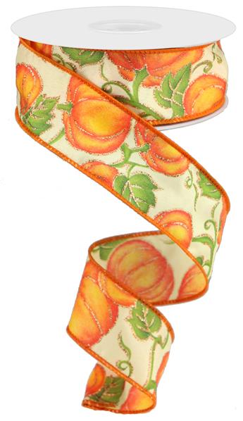 Fall Pumpkin Wired Ribbon, Orange White and Green, - 1.5 Inches x 10 Yards (30 Feet)