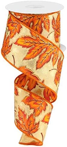 Autumn Leaves with Glitter Wired Ribbon : Burgundy, Orange, Gold - 2.5 Inches x 10 Yards (30 Feet)