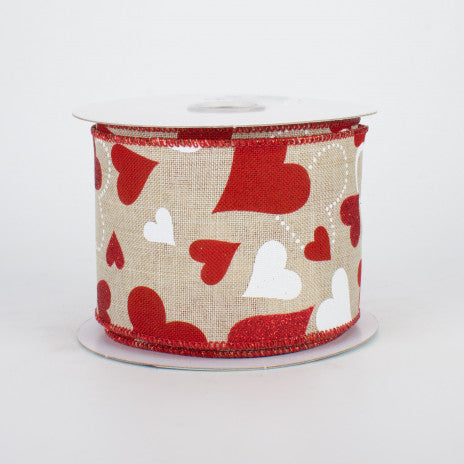 Valentine Hearts Wired Ribbon, Red, Pink, White, Tan Beige, - 2.5 Inches x 10 Yards (30 Feet)