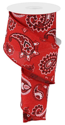 Bandana Canvas Wired Ribbon, Red Black White - 2.5 Inches x 10 Yards (30 Feet)