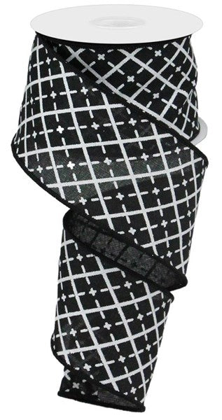 Glittered Argyle Wired Ribbon : Black White  - 2.5 Inches x 10 Yards (30 Feet)