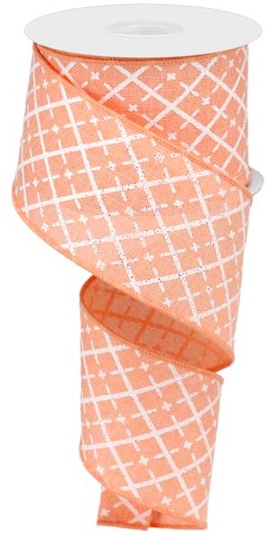 Glittered Argyle Wired Ribbon : Peach Coral White Silver - 2.5 Inches x 10 Yards (30 Feet)
