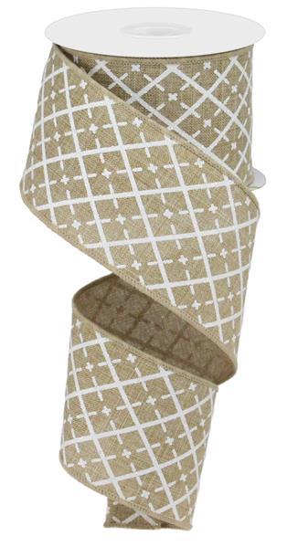 Glittered Argyle Wired Ribbon : Light Beige White Silver - 2.5 Inches x 10 Yards (30 Feet)