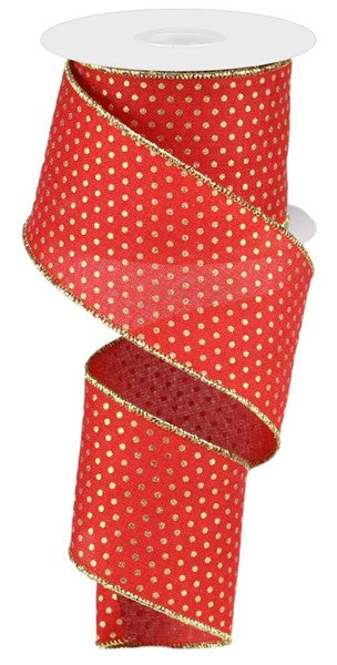 Christmas Swiss Dots Wired Ribbon : Red, Gold - 2.5 Inches x 10 Yards (30 Feet)