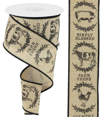 Farm House Animals Ribbon : Beige & Black Chicken Cow Rooster Pig Farm Fresh Ribbon - 2.5 Inches x 10 Yards (30 Feet)