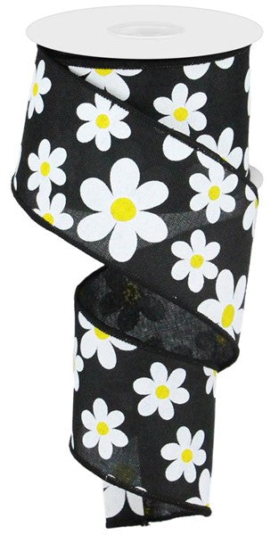 Daisy Print Wired Ribbon : Black - 2.5 Inches x 10 Yards (30 Feet)