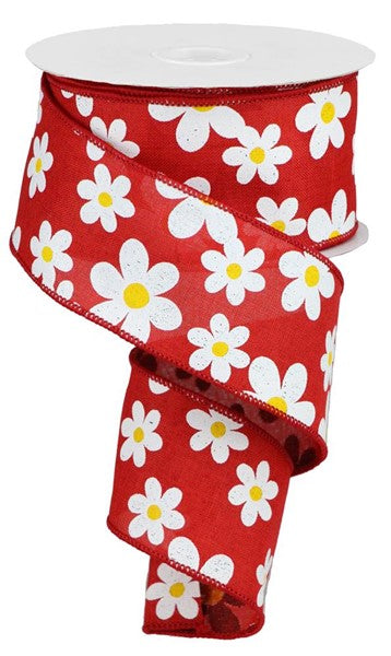 Flower Daisy Ribbon : Red Summer Spring Floral Wired Ribbon - 2.5 Inches x 10 Yards (30 Feet)