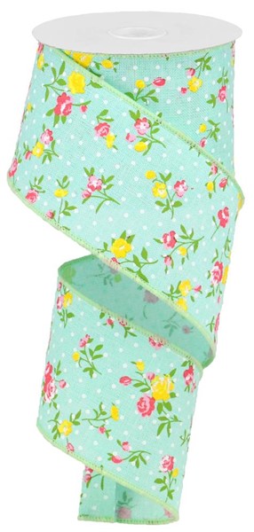 Vintage Floral Polka Dots Wired Ribbon : Mint Green Pink - 2.5 Inches x 10 Yards (30 Feet)