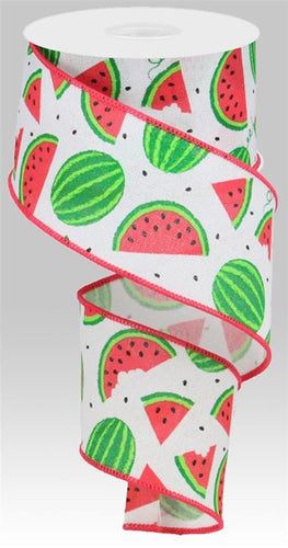 Watermelon Slices Canvas Wired Ribbon : White - 2.5 Inches x 10 Yards (30 Feet)