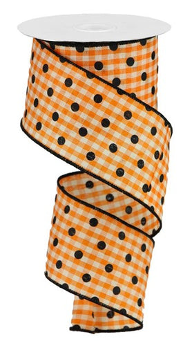 Polka Dot Gingham, Orange/Ivory/Black Wired Ribbon - 2.5 Inches x 10 Yards (30 Feet)