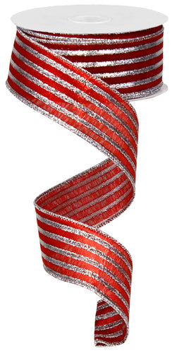 Vertical Stripe Christmas Wired Ribbon, Red Silver - 1.5 inches x 100 feet,
