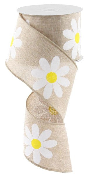 Daisy Print Wired Ribbon : Light Tan Beige - 2.5 Inches x 100 Feet (30 Feet)