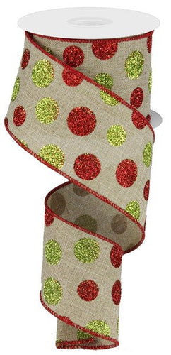 Multi Size Glitter Dots/Royal, Light Beige/Red/Green Wired Ribbon - 2.5 Inches x 100 Feet (33.3 Yards)