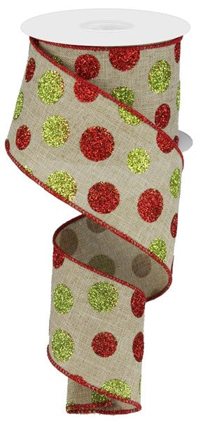Multi Size Glitter Dots/Royal, Light Beige/Red/Green Wired Ribbon - 2.5 Inches x 100 Feet (33.3 Yards)