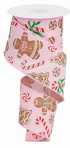 Gingerbread with Candy Royal Wired Ribbon- Pale Pink, Red, Emerald, Brown - 2.5 Inches x 100ft