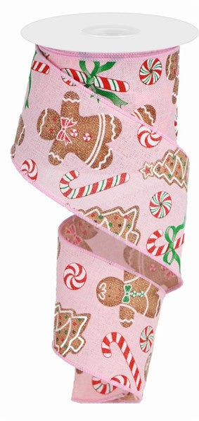 Gingerbread with Candy Royal Wired Ribbon- Pale Pink, Red, Emerald, Brown - 2.5 Inches x 100ft