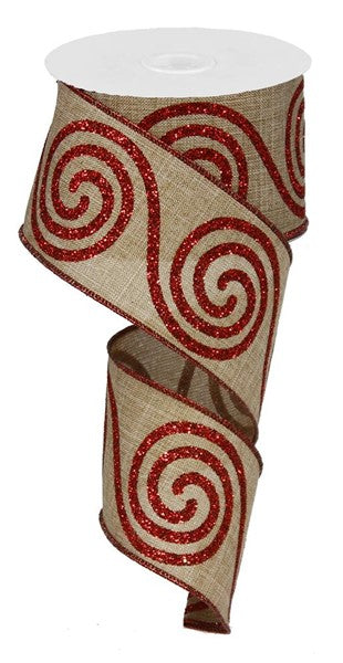 Glitter Large Swirl Wired Ribbon : Burlap Beige Natural Red - 2.5 Inches x 50 Yards (150 Feet)