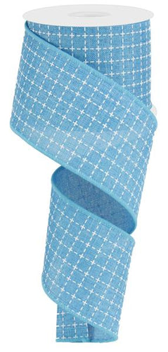 Turquoise Blue White Raised Stitched Plaid Wired Ribbon - 2.5 inches x 50 yards (150 Feet)