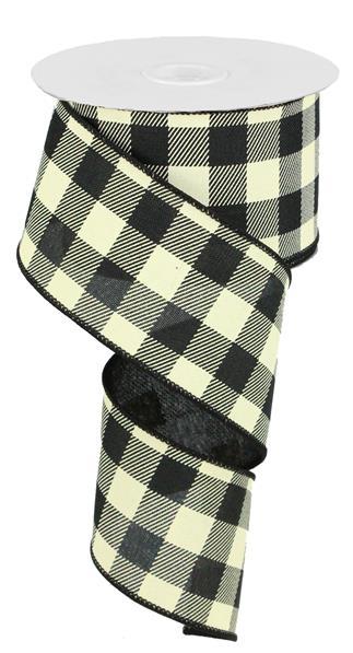 Plaid Check Wired Ribbon : Black Ivory - 2.5 Inches x 50 Yards (150 Feet)