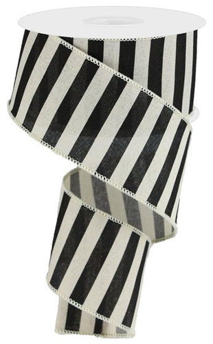 Horizontal Stripe Wired Ribbon : Cream Black 2.5 inches x 50 yards 