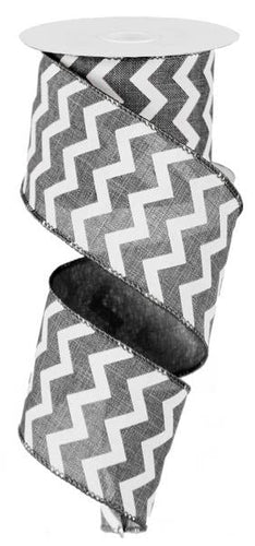 Chevron Wired Ribbon : Grey Gray White - 2.5 Inches x 10 Yards (30 Feet)