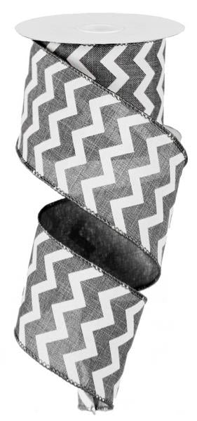 Chevron Wired Ribbon : Grey Gray White - 2.5 Inches x 10 Yards (30 Feet)