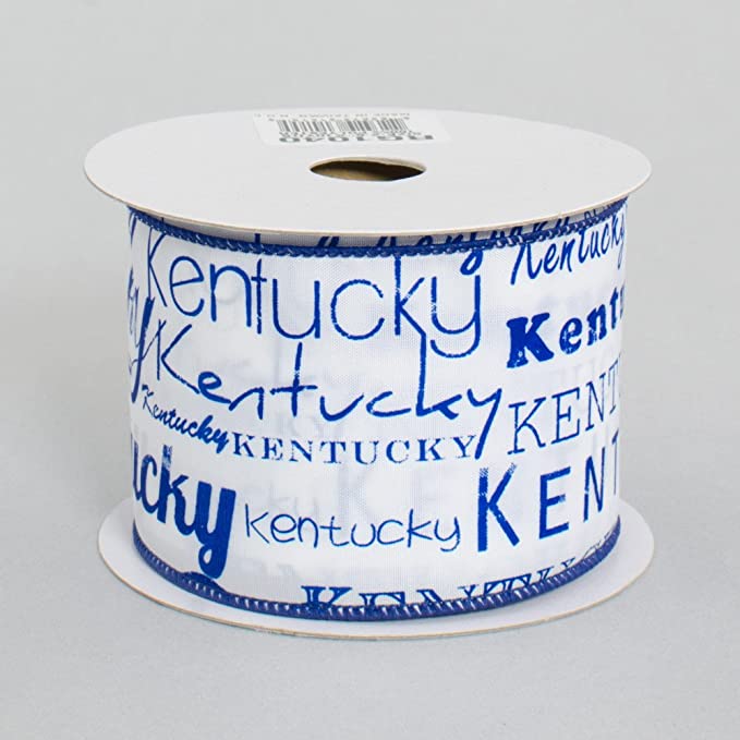 Kentucky Print Wired Ribbon: White Blue - 2.5 inches x 10 yards (30 feet)