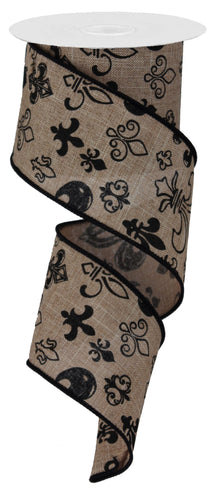 Canvas Fleur de Lis Ribbon: Black Burlap - 2.5 inches x 10 yards (30 feet)