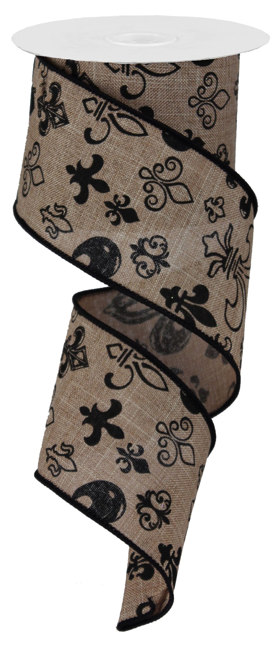 Canvas Fleur de Lis Ribbon: Black Burlap - 2.5 inches x 10 yards (30 feet)