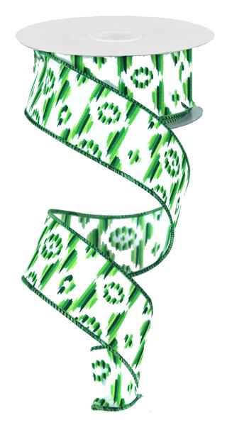 Ikat Wired Ribbon: Emerald Green Lime White - 1.5 Inches x 10 Yards (30 Feet)