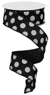 Polka Dot Satin Wired Ribbon : Black White - 1.5 Inches x 10 Yards (30 Feet)