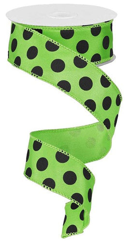 Polka Dot Satin Wired Ribbon : Lime Green, Black - 1.5 Inches x 10 Yards (30 Feet)