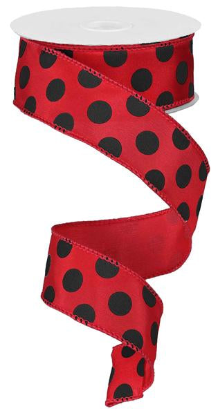 Polka Dot Satin Wired Ribbon : Red, Black - 1.5 Inches x 10 Yards (30 Feet)