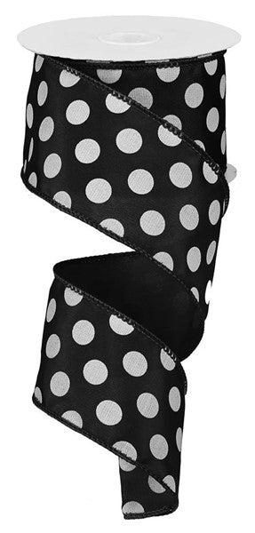 Polka Dot Satin Wired Ribbon : Black White - 2.5 Inches Inches x 10 Yards (30 Feet)