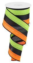 Load image into Gallery viewer, Wired Halloween mesh ribbon in vibrant green, orange, and black stripes, perfect for wreaths and festive decorations.
